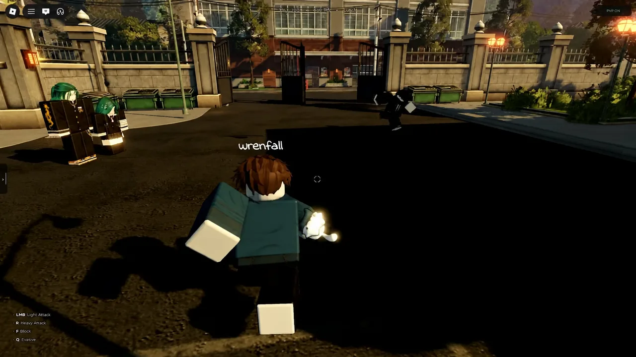 Gakuran character throwing a light attack in a street fight with the combat control list showing