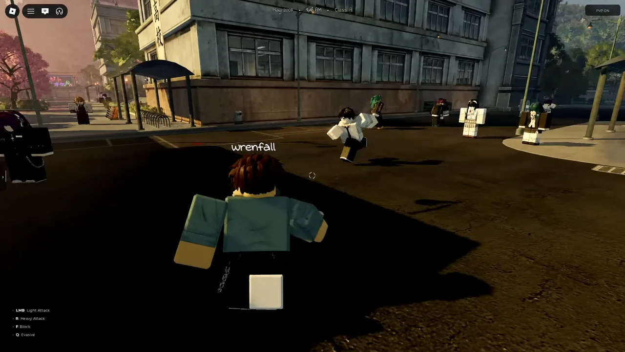 Gakuran character moving down a street with the combat control overlay in the lower left