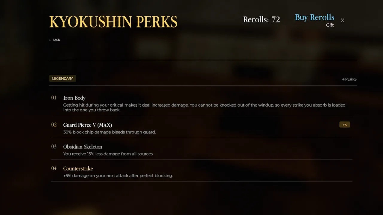 Kyokushin perk list with Guard Pierce V (MAX) highlighted and its 30 percent chip damage description