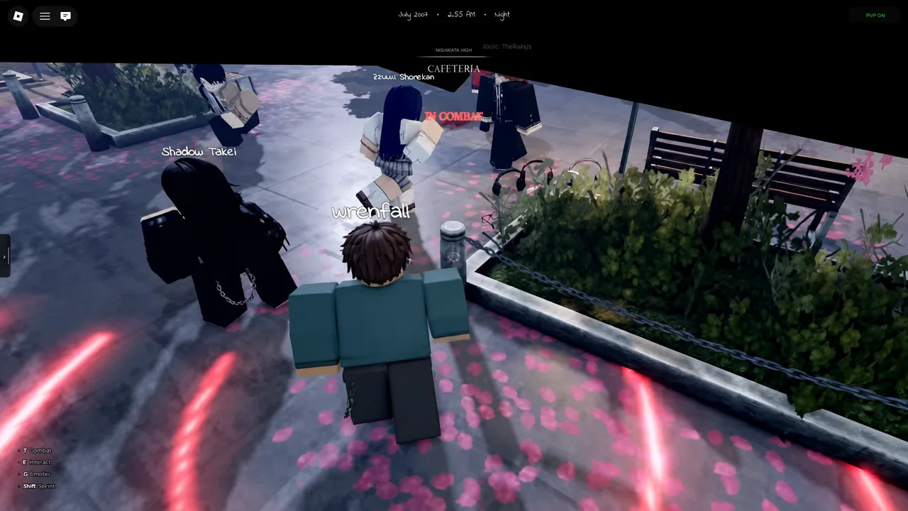 Cafeteria area during a fight with the red IN COMBAT status indicator active