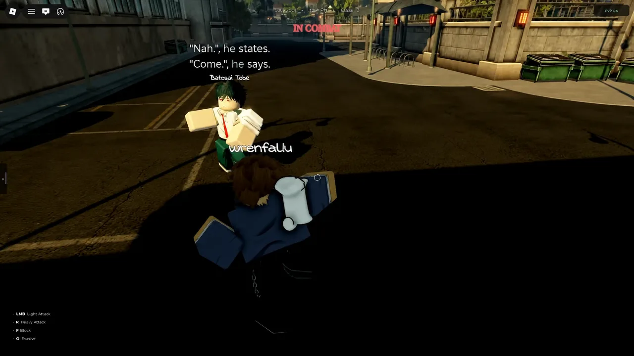 Gakuran combat screen with Light Attack, Heavy Attack, Block, and Evasive controls during a street duel