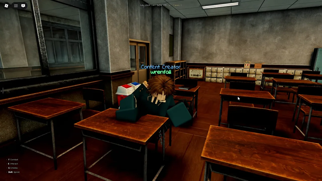 Gakuran classroom scene with a seated character and the Combat, Interact, Emotes, and Sprint prompts on screen
