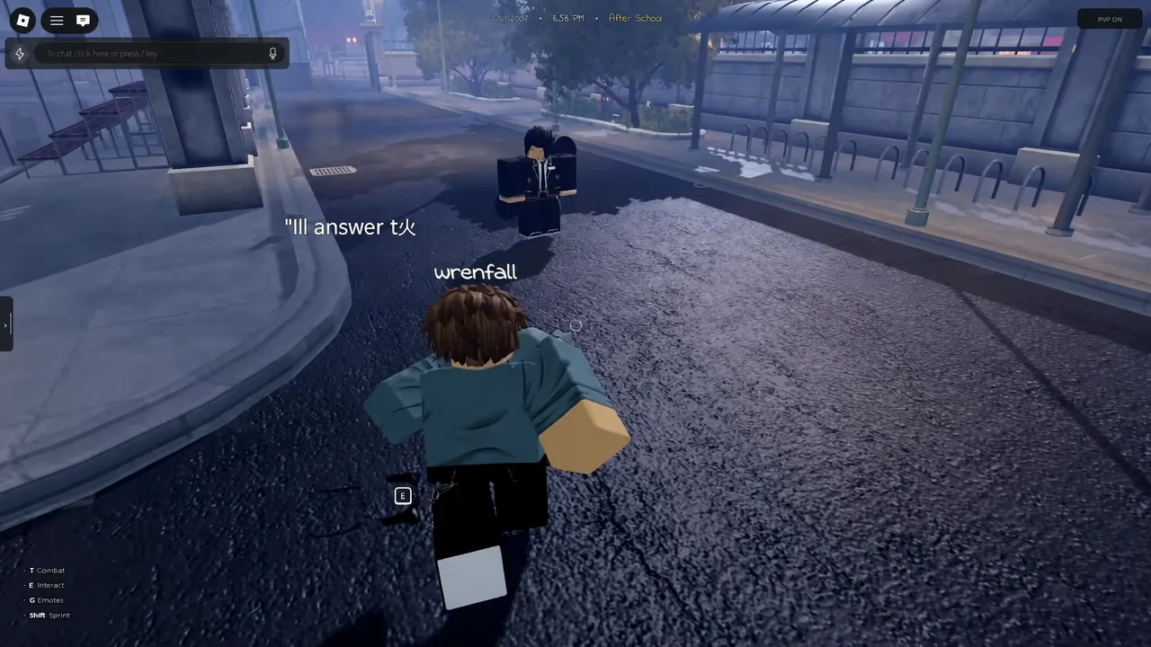 Player walking up to another character with the E Interact prompt showing on screen
