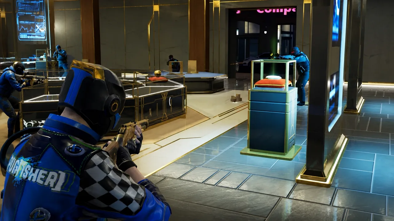 Masked player aims a rifle across a jewelry showroom while crew members cover the display cases