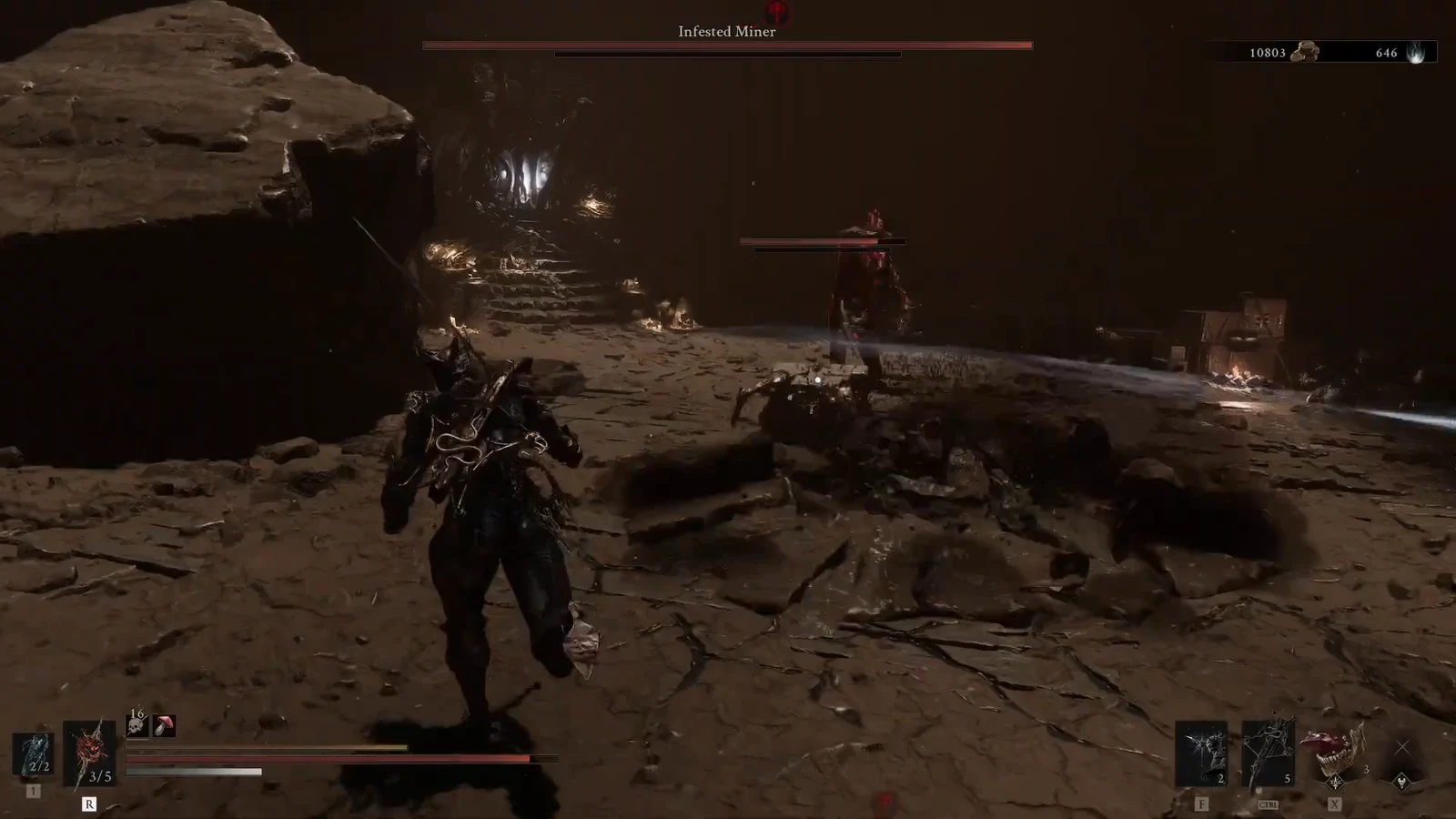 Infested Miner boss health bar shown as the player battles the boss in a dark cavern