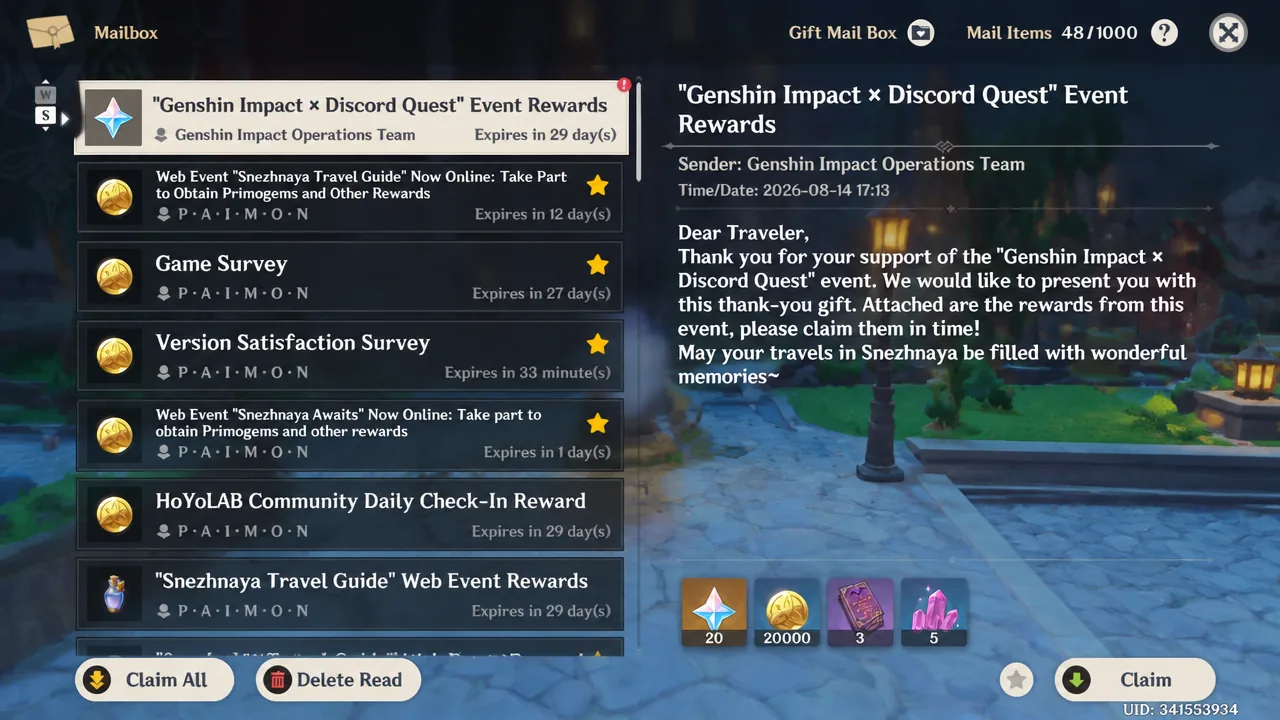 Genshin Impact mailbox showing the Discord Quest event rewards ready to claim
