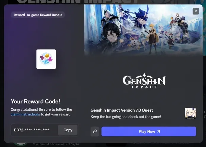 Genshin Impact reward popup showing a redemption code and Copy button