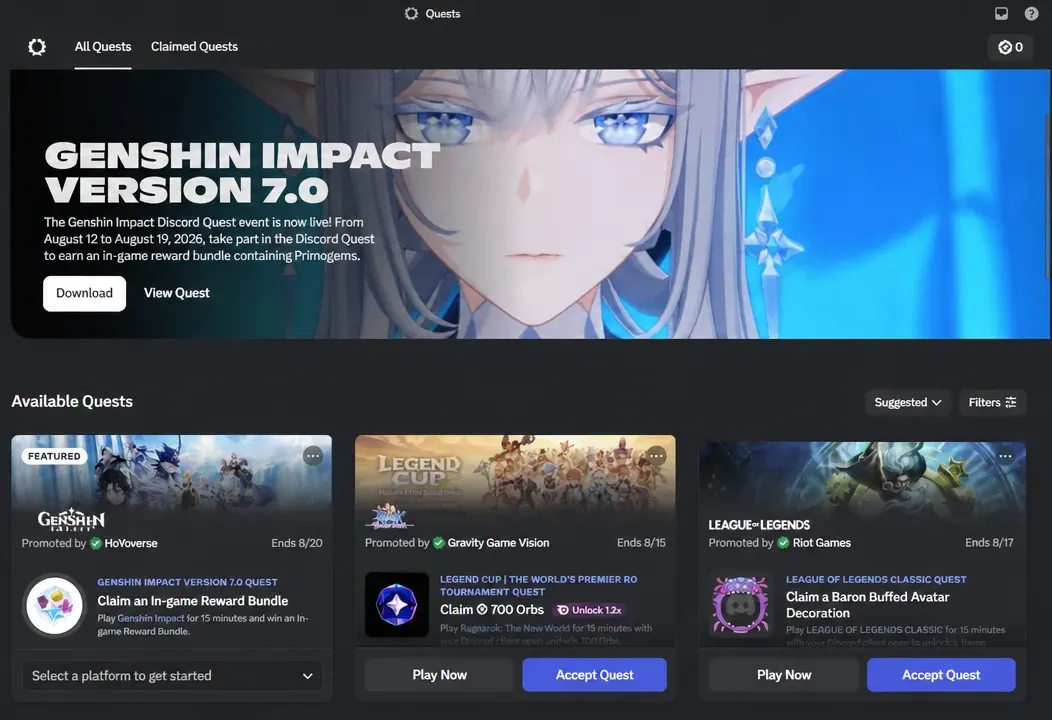 Discord Quests page showing available quests and Accept Quest buttons