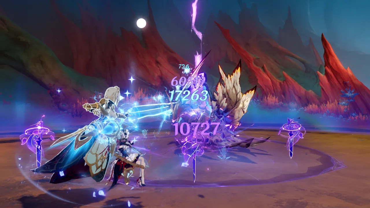 A character hitting the boss with a glowing blue attack