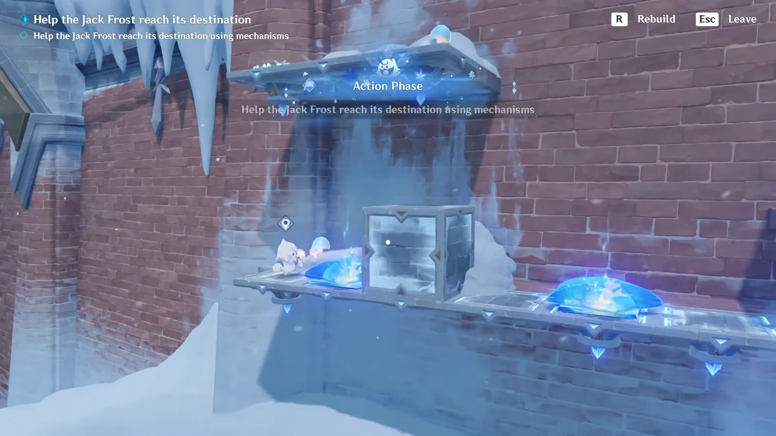 Action Phase running with a movable crate sitting between two glowing blue platforms