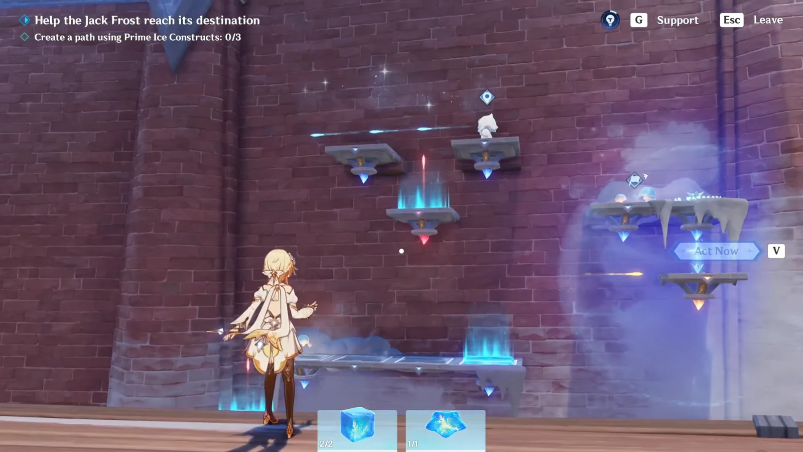 Prime Ice Construct menu open with materials selected to build a path for Jack Frost