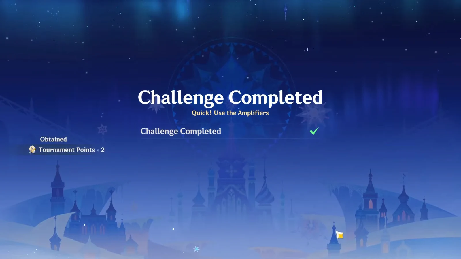 Challenge Completed screen for Quick! Use the Amplifiers showing Tournament Points x2