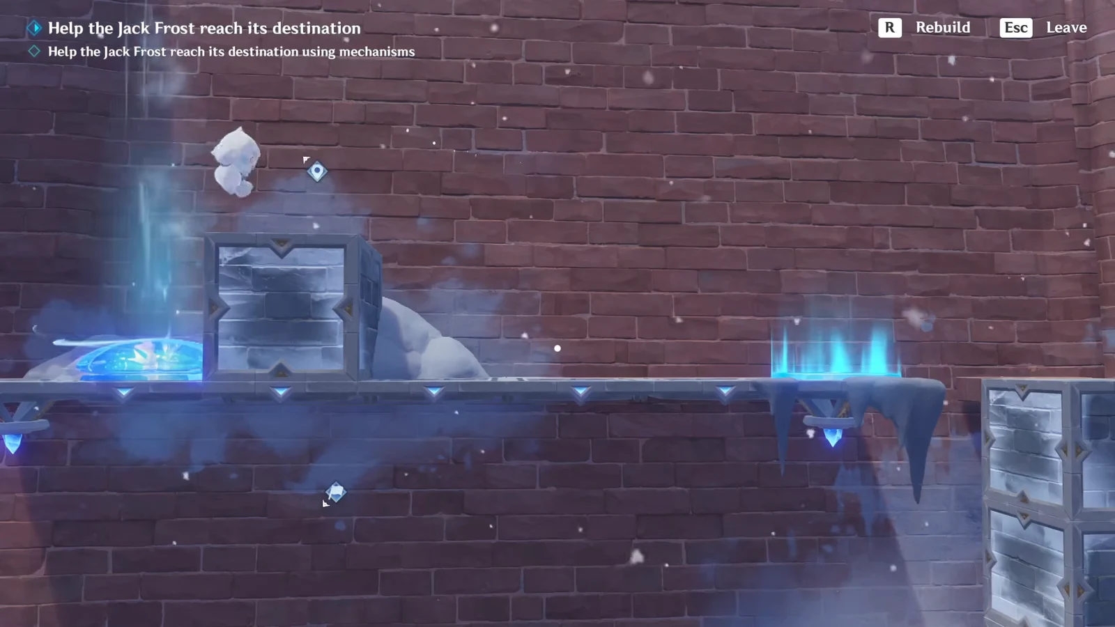 Jack Frost bouncing across icy platforms toward the destination marker during the action phase