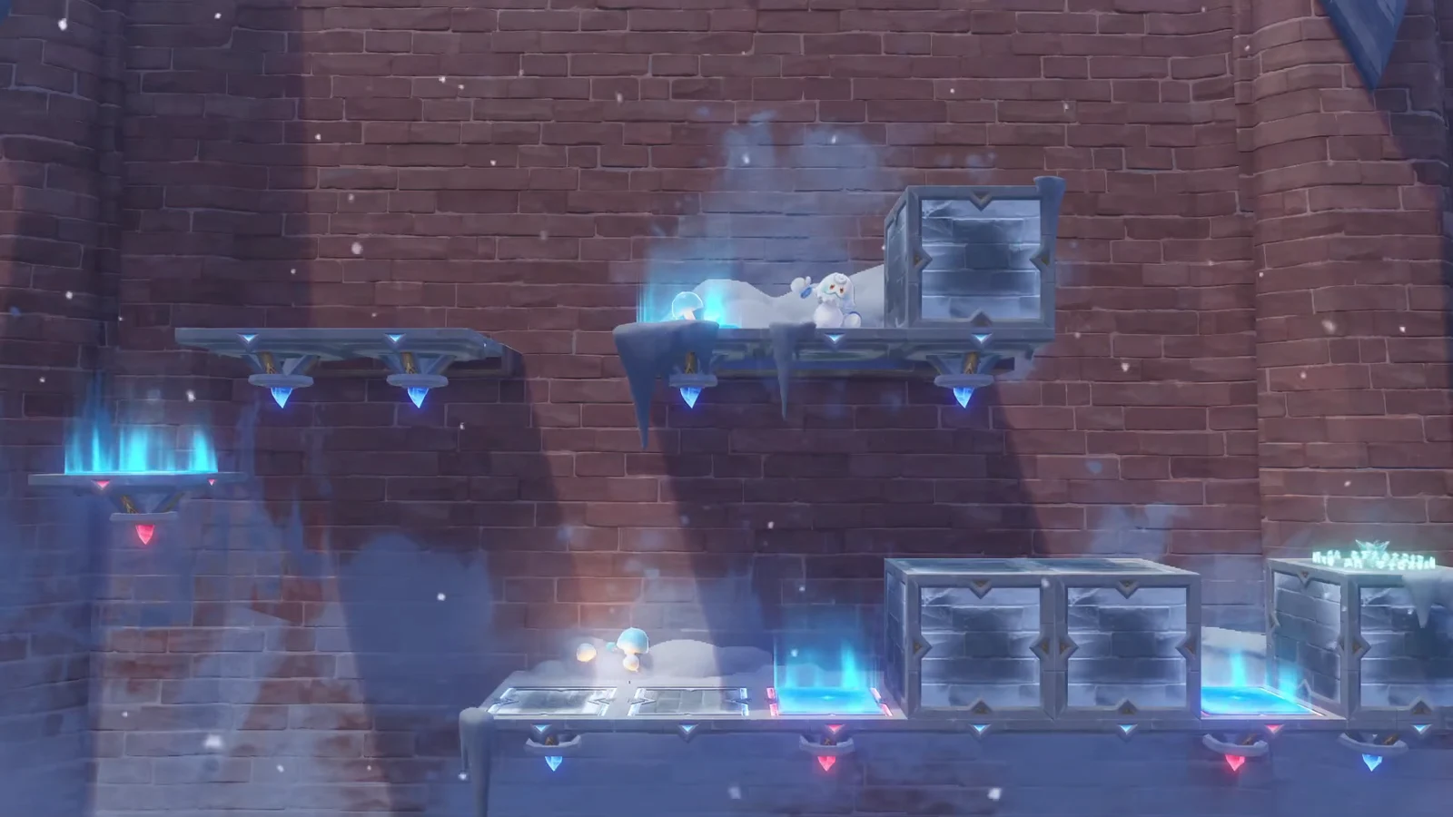 Icy platform layout with glowing blue and red hazard platforms and elevated crates before placing constructs