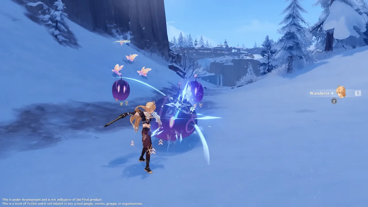 Traveler fighting purple enemies with a sword in a snowy Snezhnaya landscape