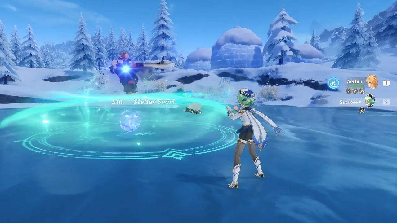 Anemo ability creating a glowing turquoise Stellar Swirl field during combat