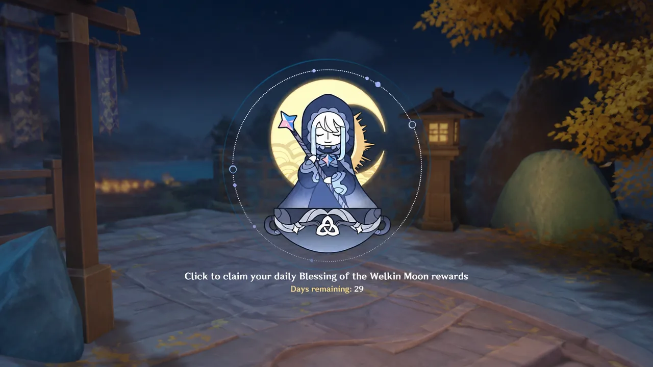 Blessing of the Welkin Moon claim screen with the daily reward highlighted and 29 days left