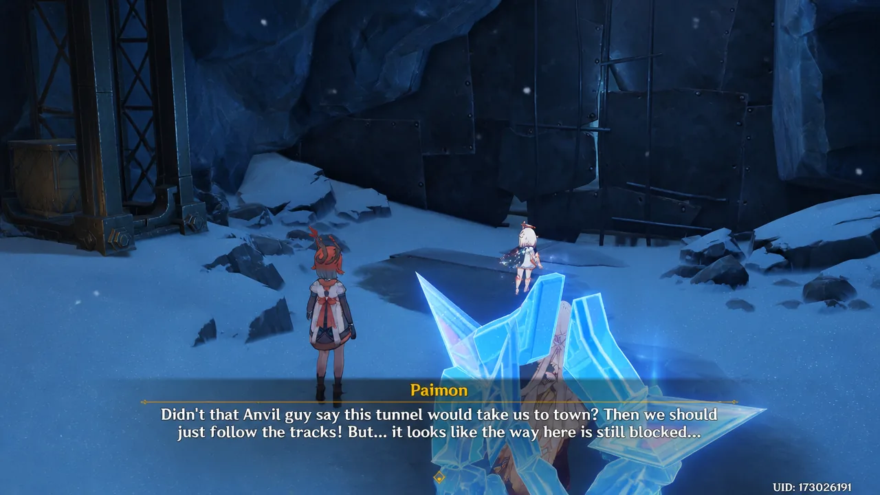 Paimon dialogue noting the tunnel is still blocked while following the tracks