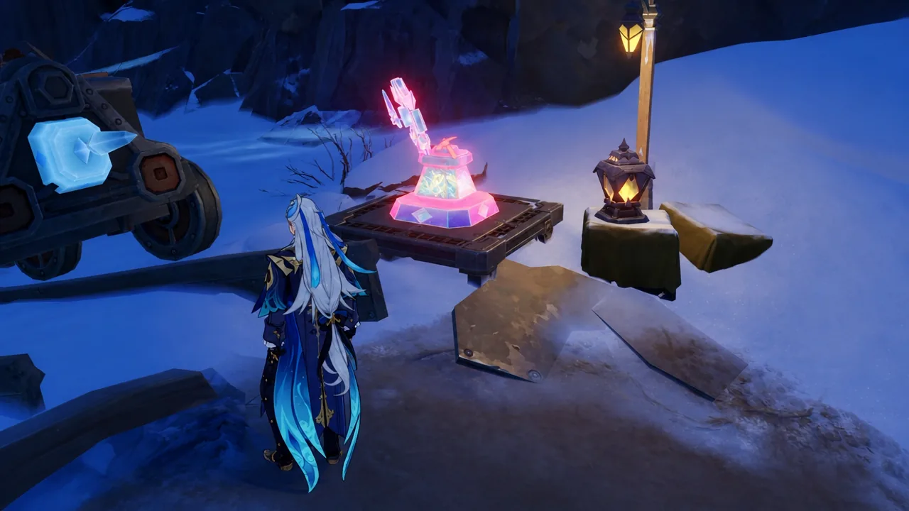 Character approaching a glowing pink crystal device in the snowy cavern