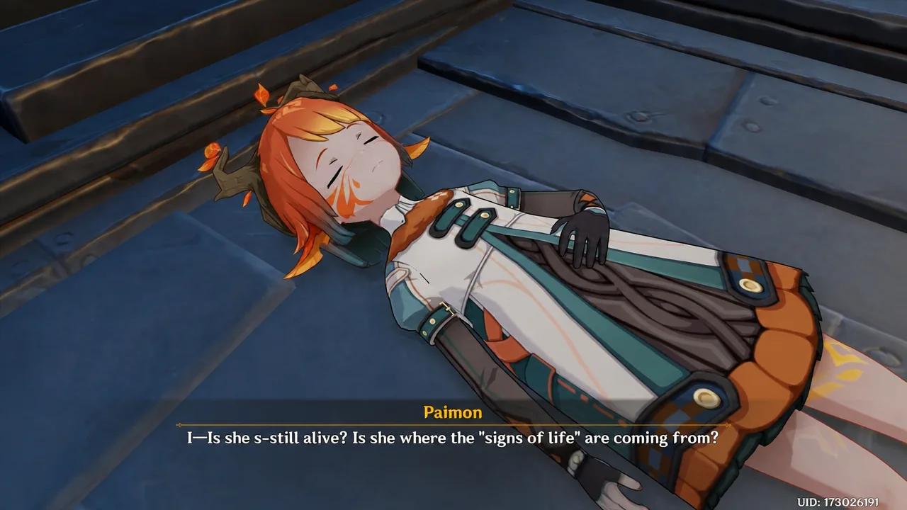 Paimon speaking beside an unconscious character lying on the floor