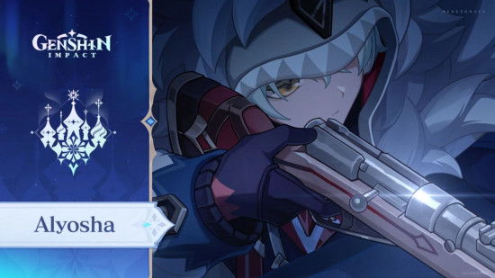 genshin impact alyosha's introduction post showing him holding a rifle