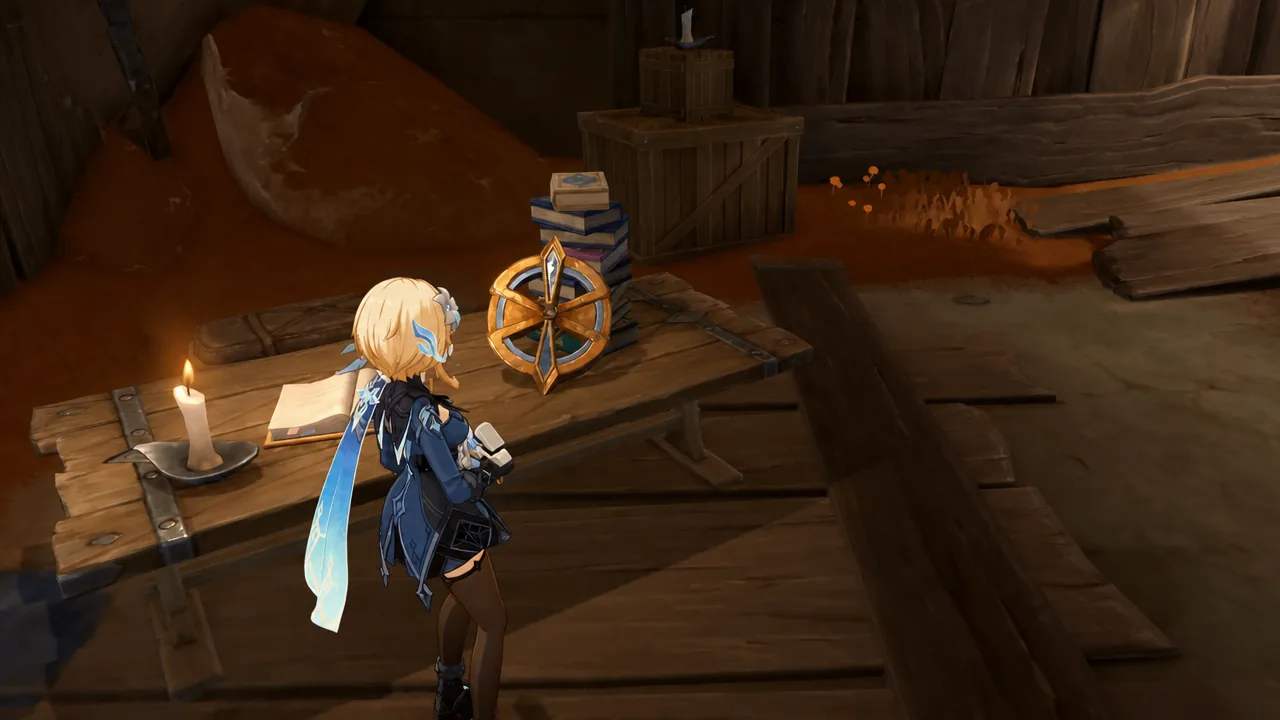 Character interacting with the Control Wheel on a wooden table