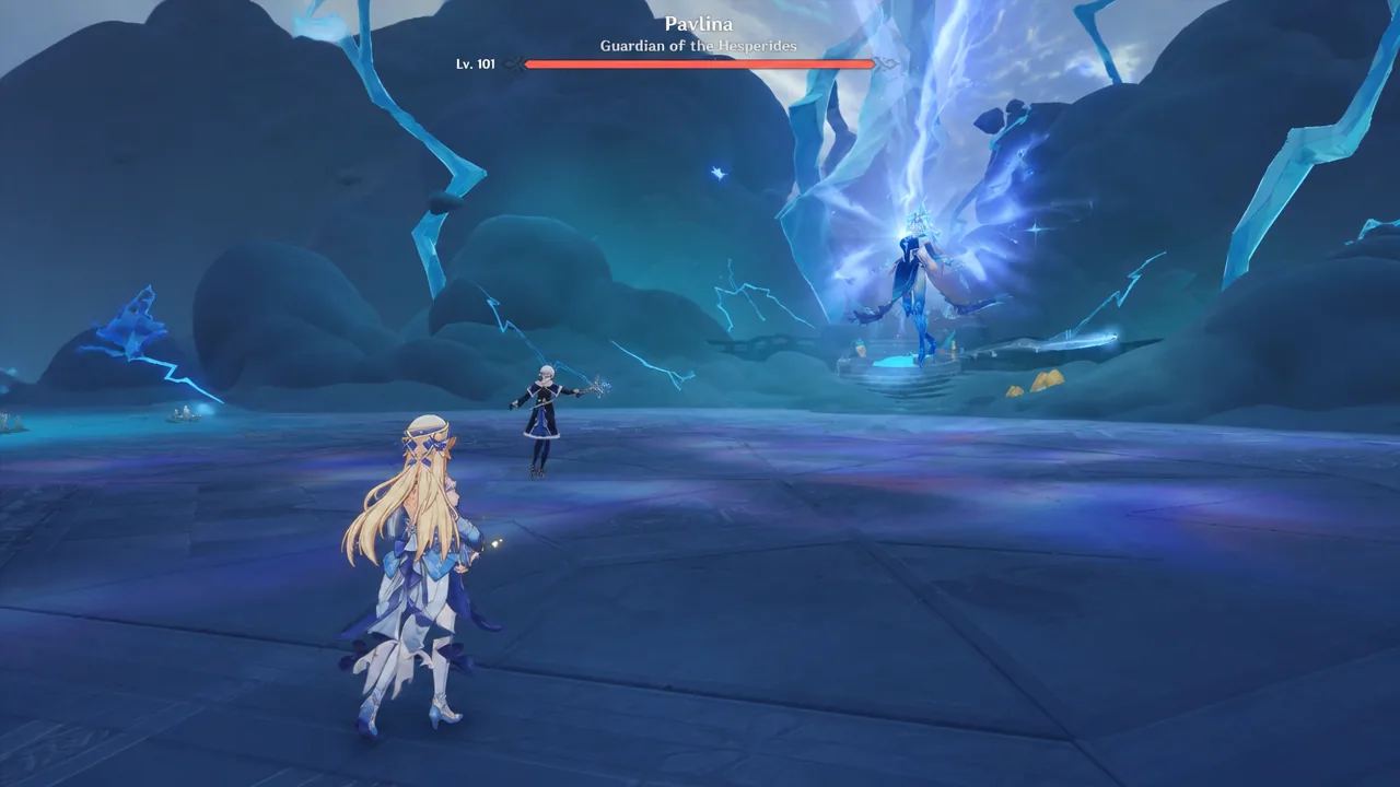 Player character fighting Pavlina, Guardian of the Hesperides, with her level 101 boss health bar visible