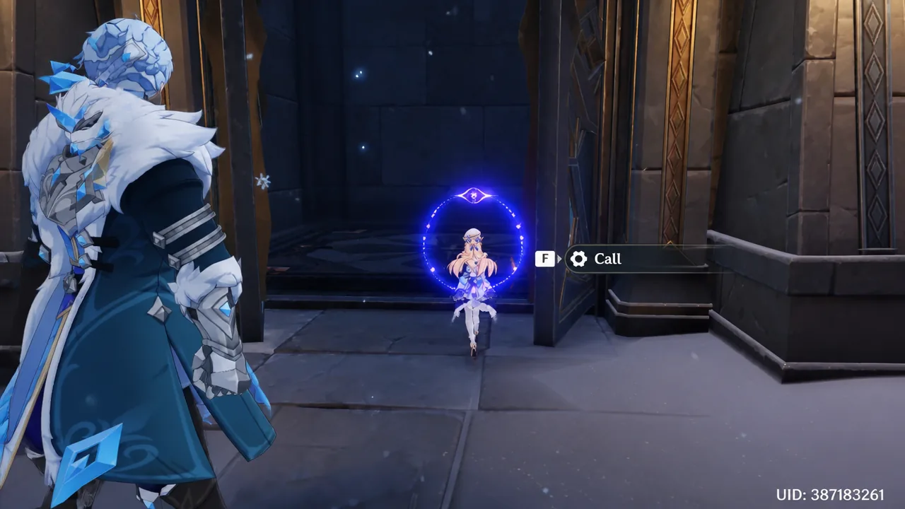 Character approaching a glowing blue call point with the F prompt visible