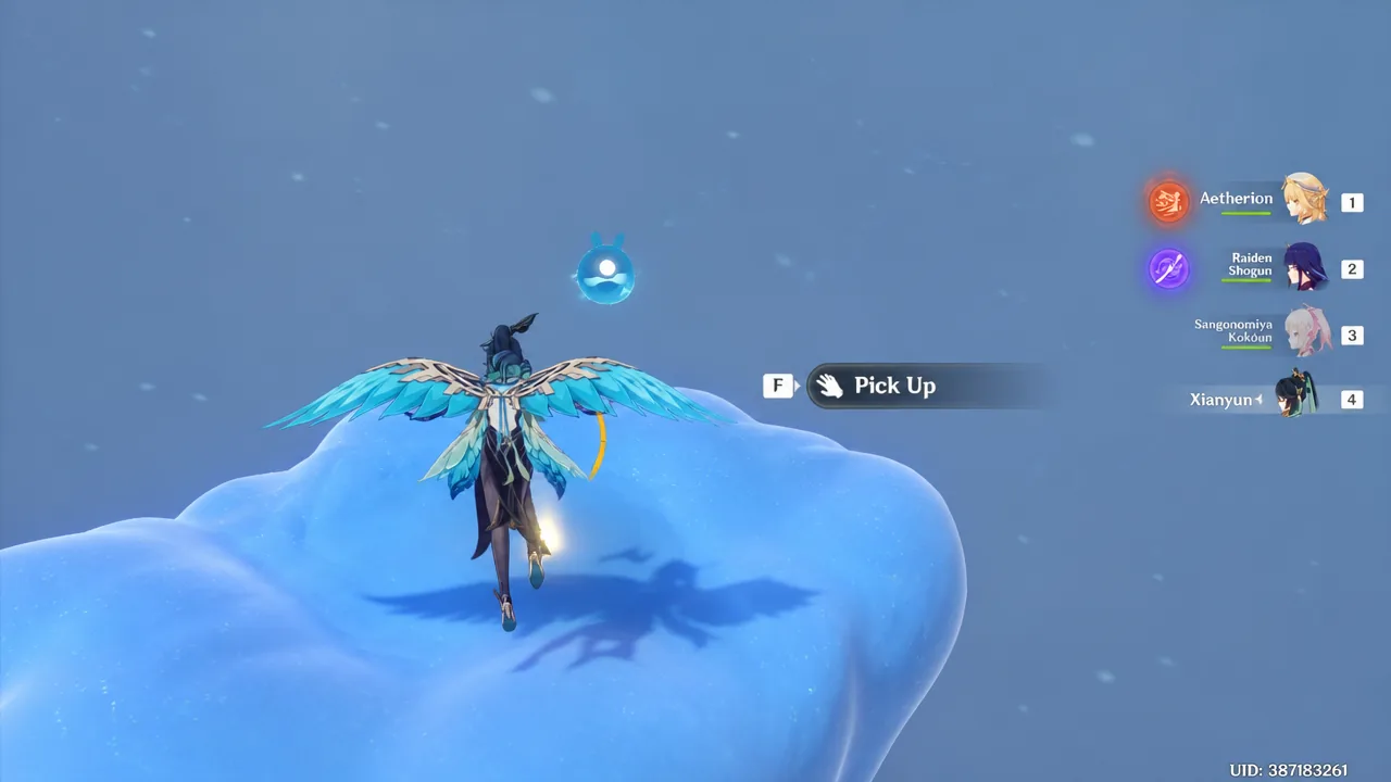 Gliding character nearing a collectible on a snowy cloud with the F Pick Up prompt