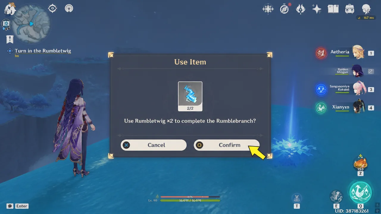 Use Item dialog confirming Rumbletwig times two to complete the Rumblebranch
