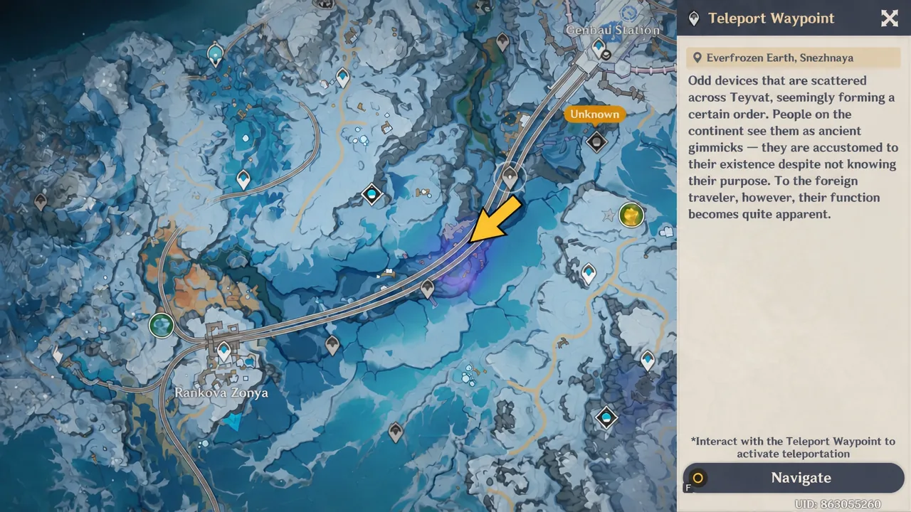 Everfrozen Earth teleport waypoint panel with Navigate selected