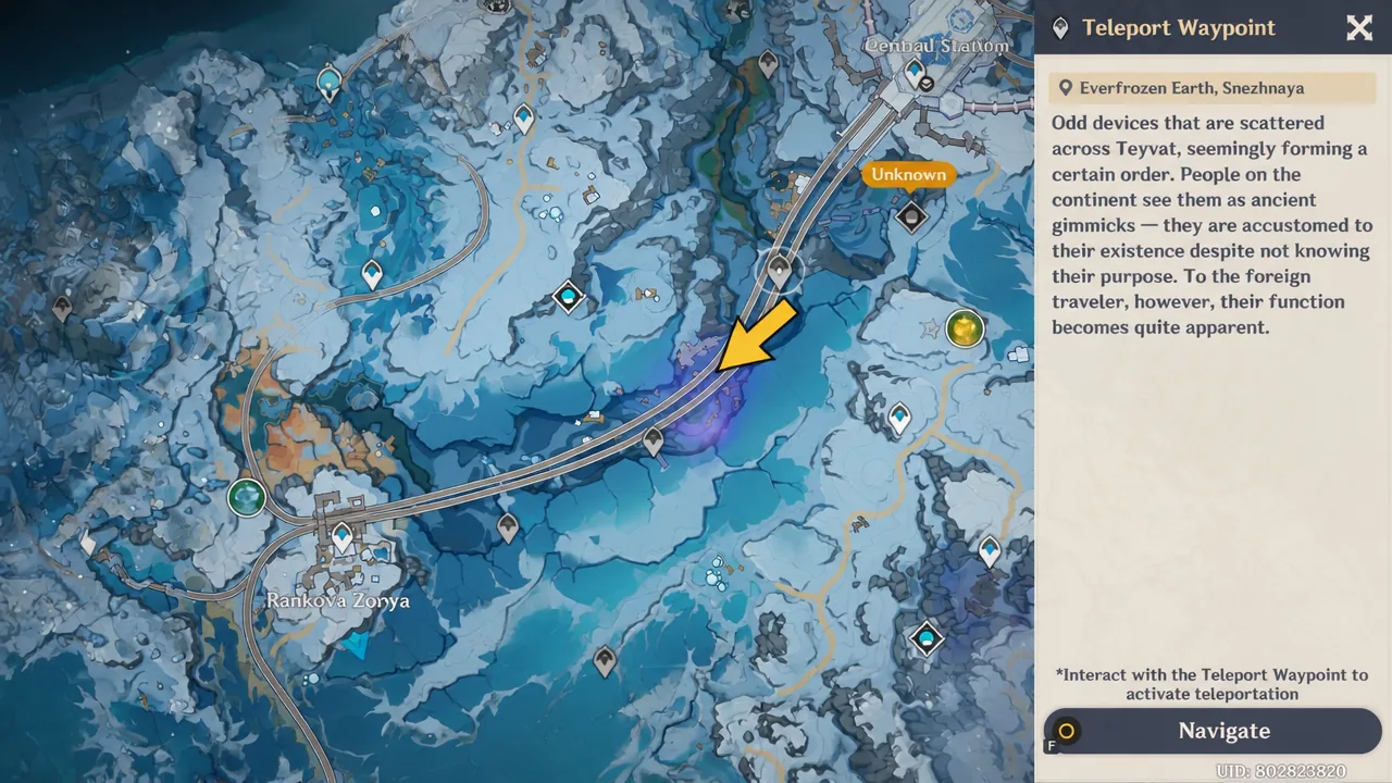 Everfrozen Earth teleport waypoint panel with Navigate selected
