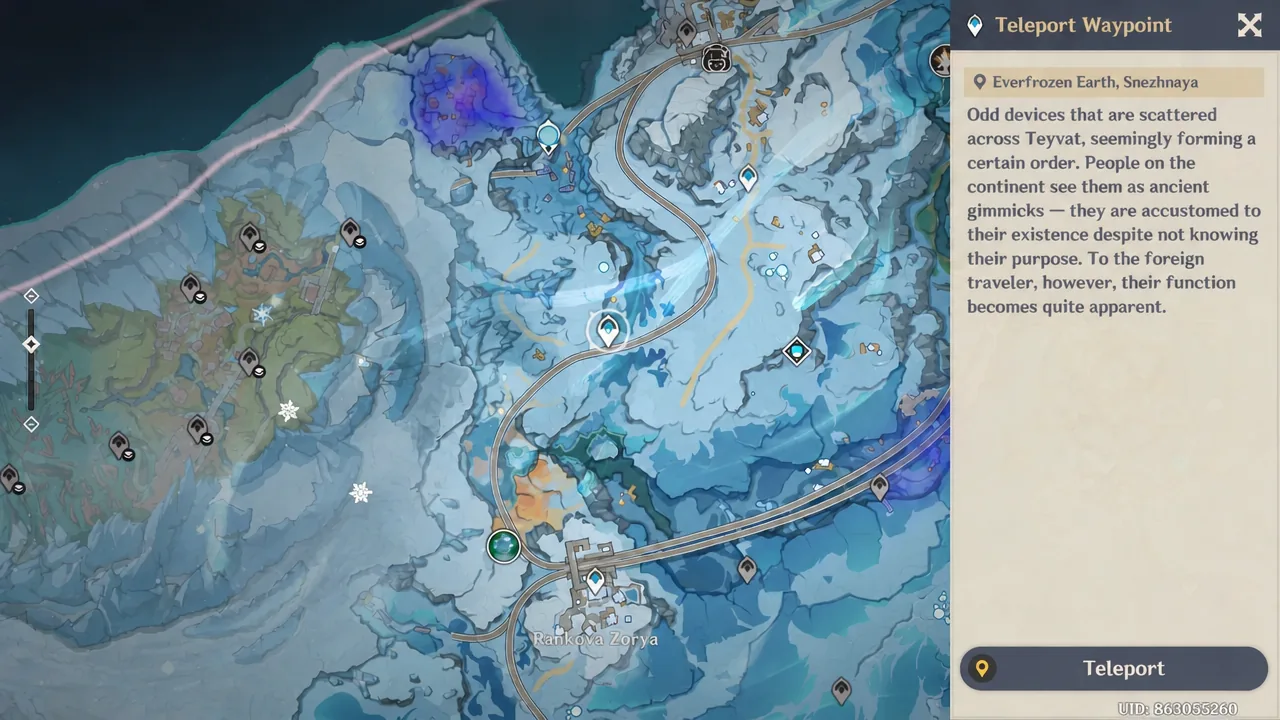 Everfrozen Earth teleport waypoint panel with Teleport selected