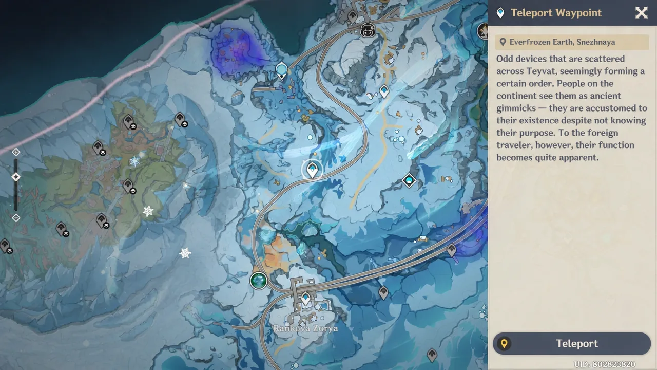 Everfrozen Earth teleport waypoint panel with Teleport selected