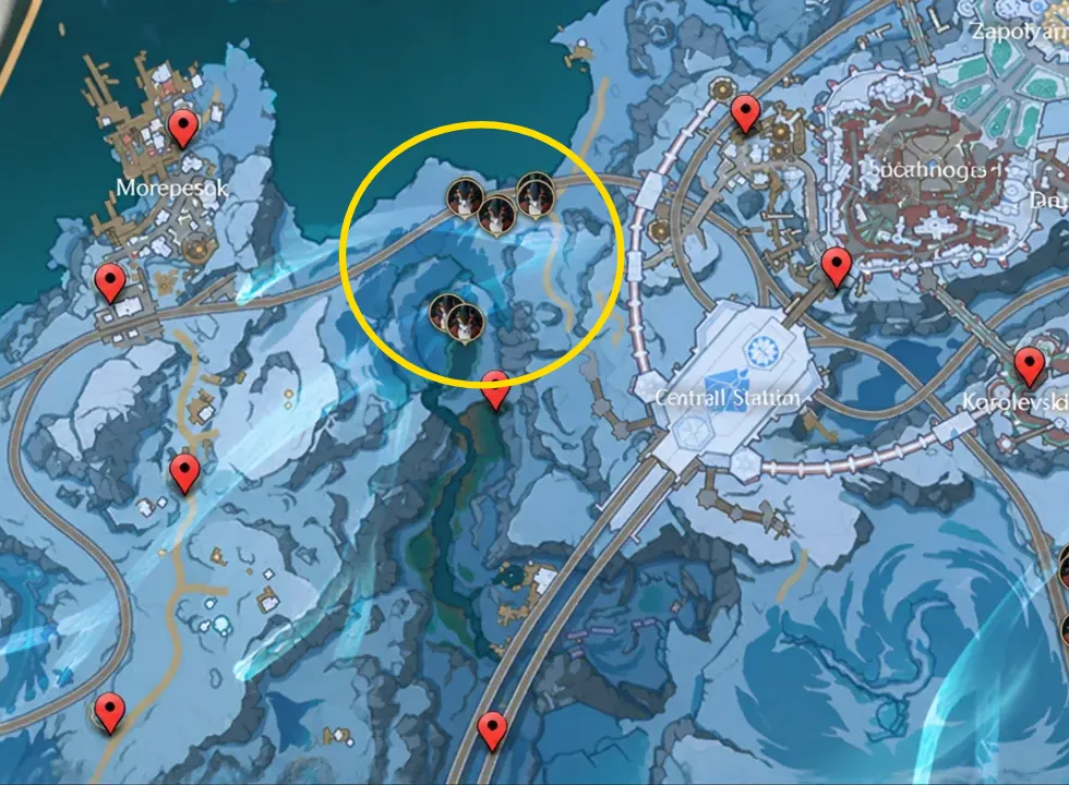 World map with red location pins around Central Station, Morepesok, and Zapolyarny Palace