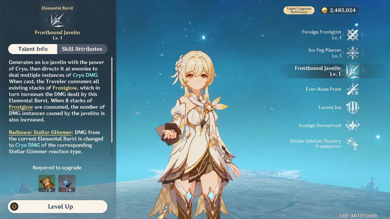 Talent Upgrade screen with Frostbound Javelin selected