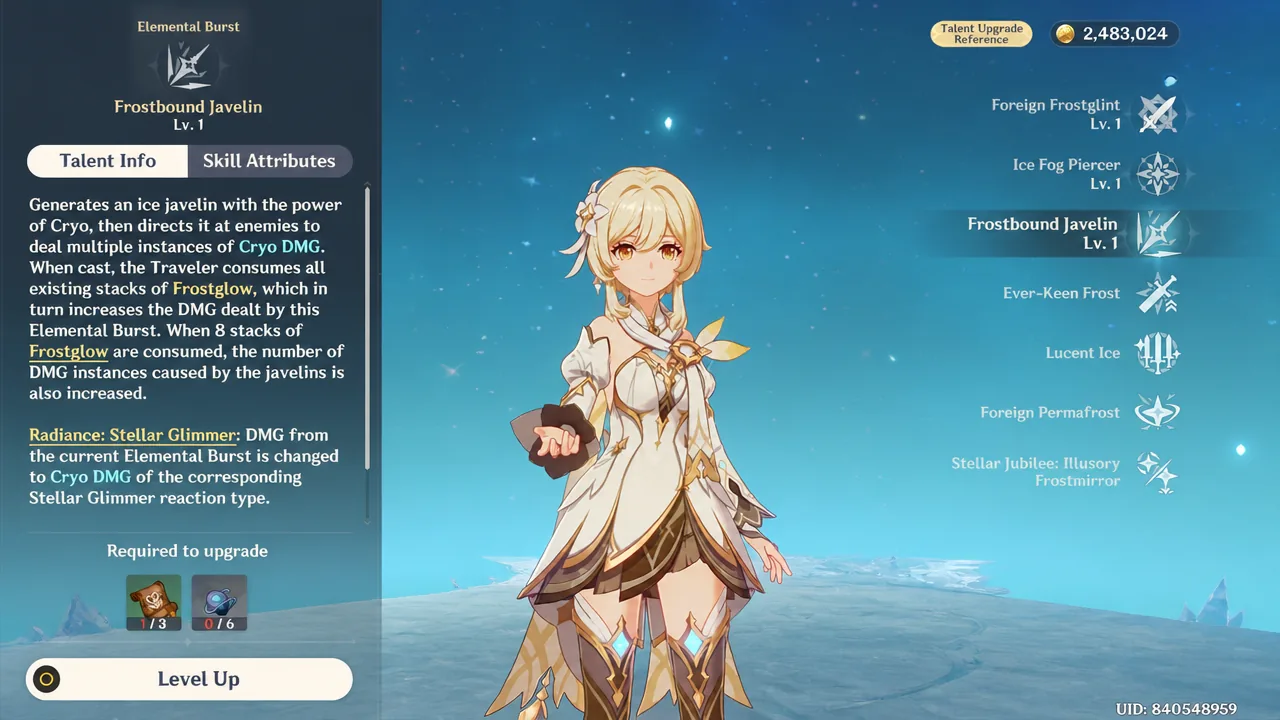 Talent Upgrade screen with Frostbound Javelin selected