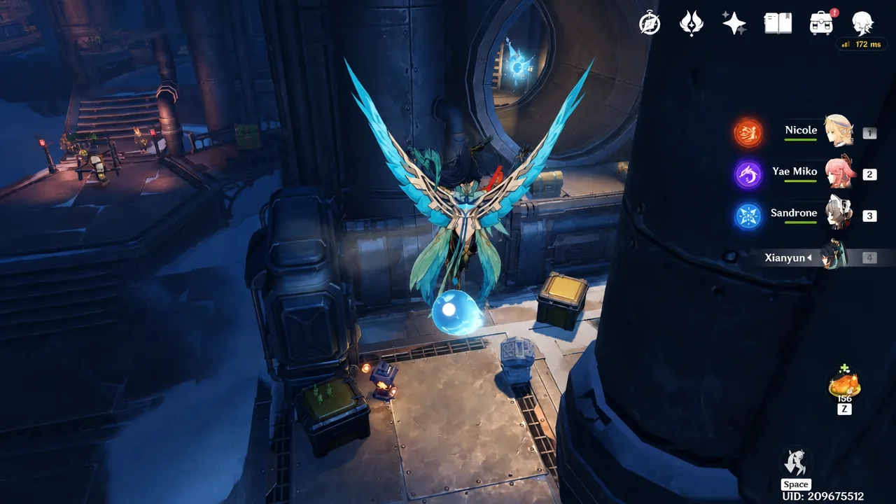 Xianyun gliding through an underground industrial area toward a platform with a glowing blue orb and a nearby chest