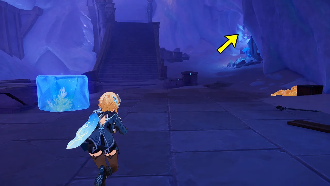 Player aiming a weapon at a purple enemy across an icy dungeon pool