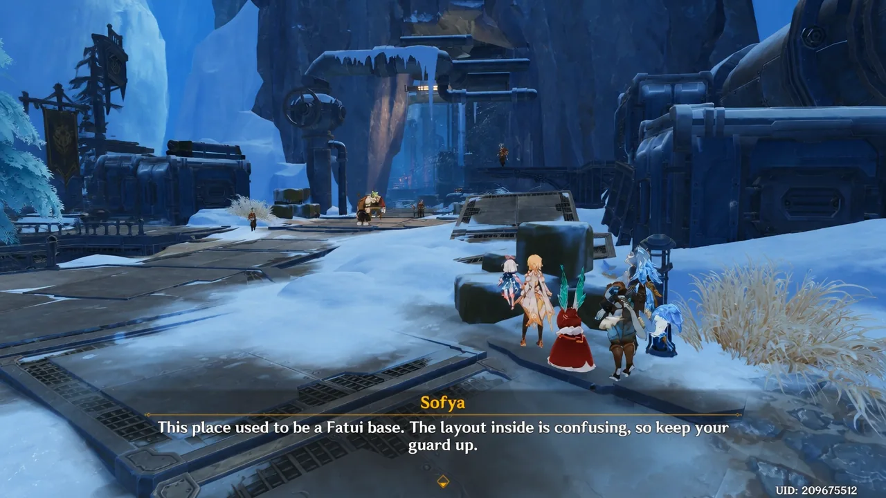 In-game dialogue warning that the former Fatui base has a confusing layout