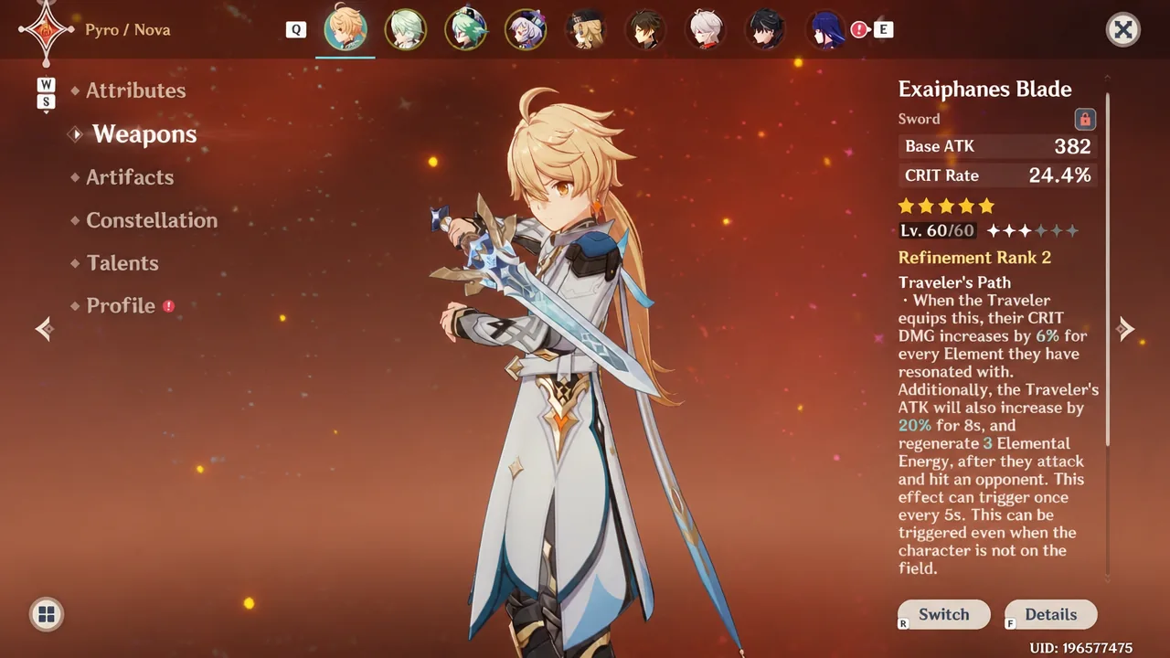 The Weapons screen with the Traveler equipping the Exaiphanes Blade and its details open