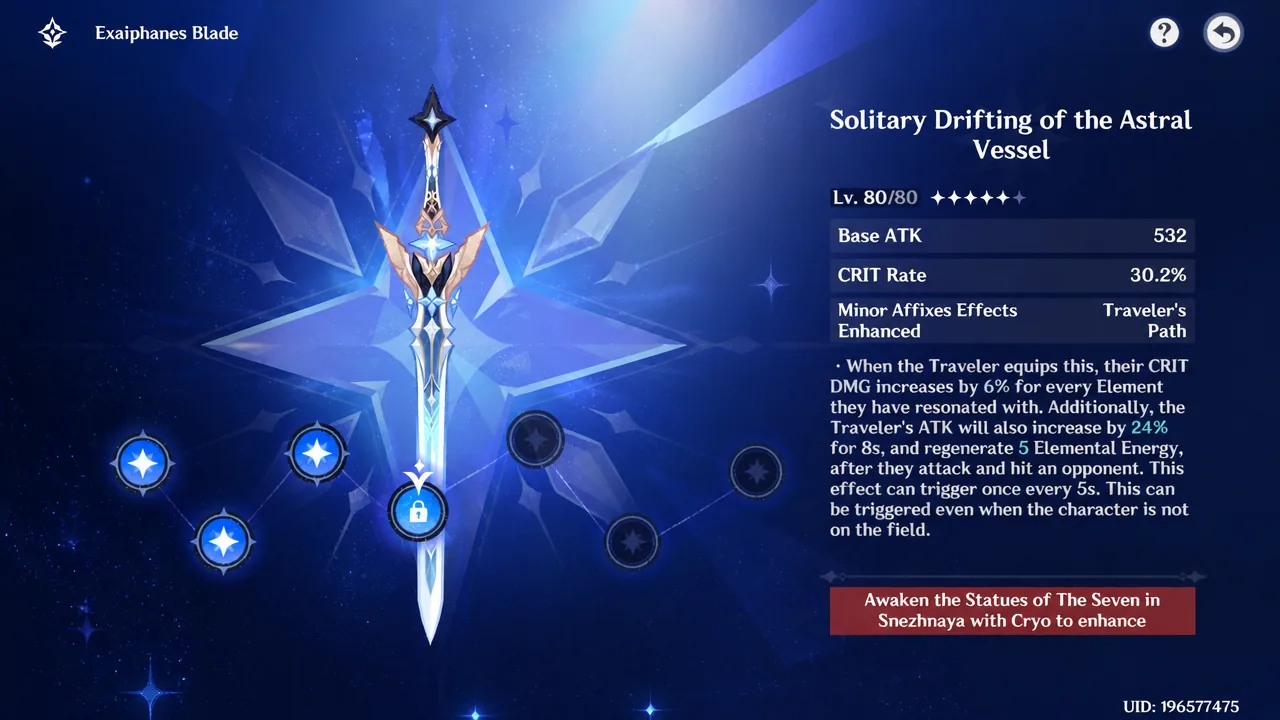 The Exaiphanes Blade upgrade menu showing weapon stats and locked awakening nodes