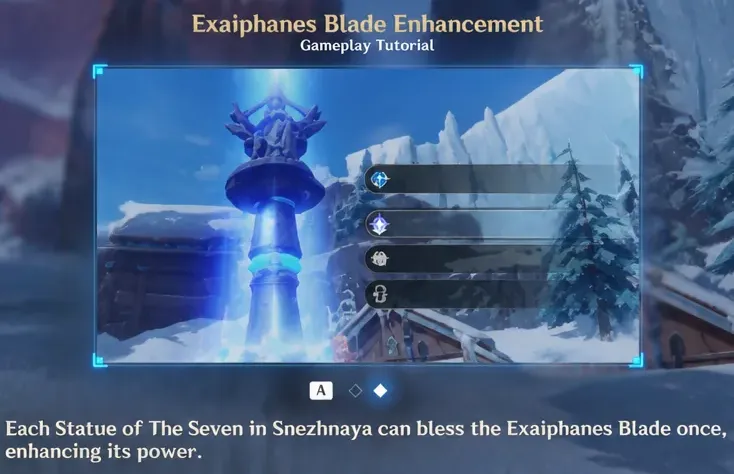 In-game tutorial explaining how to bless the Exaiphanes Blade at each Statue of the Seven
