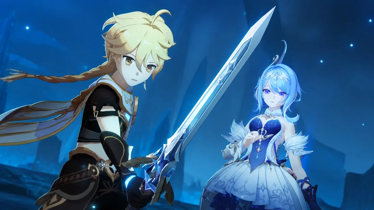 The Cryo Traveler holding a sword next to Odette during the Snezhnaya Archon Quest