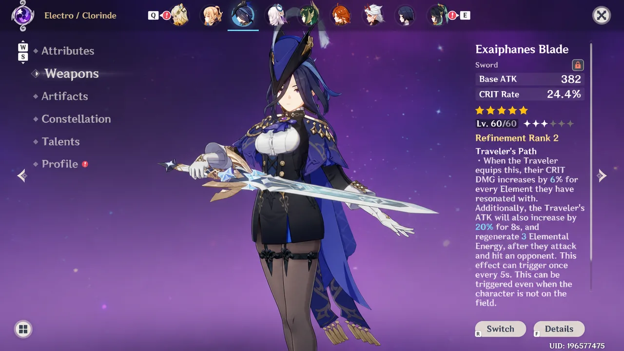 Clorinde equipped with the five-star Exaiphanes Blade at level 60 and Refinement Rank 2