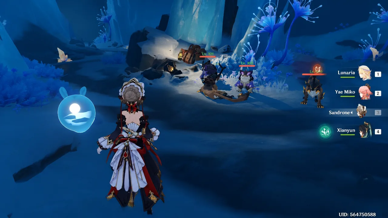 Player character in combat against three level 101 enemies inside the cave