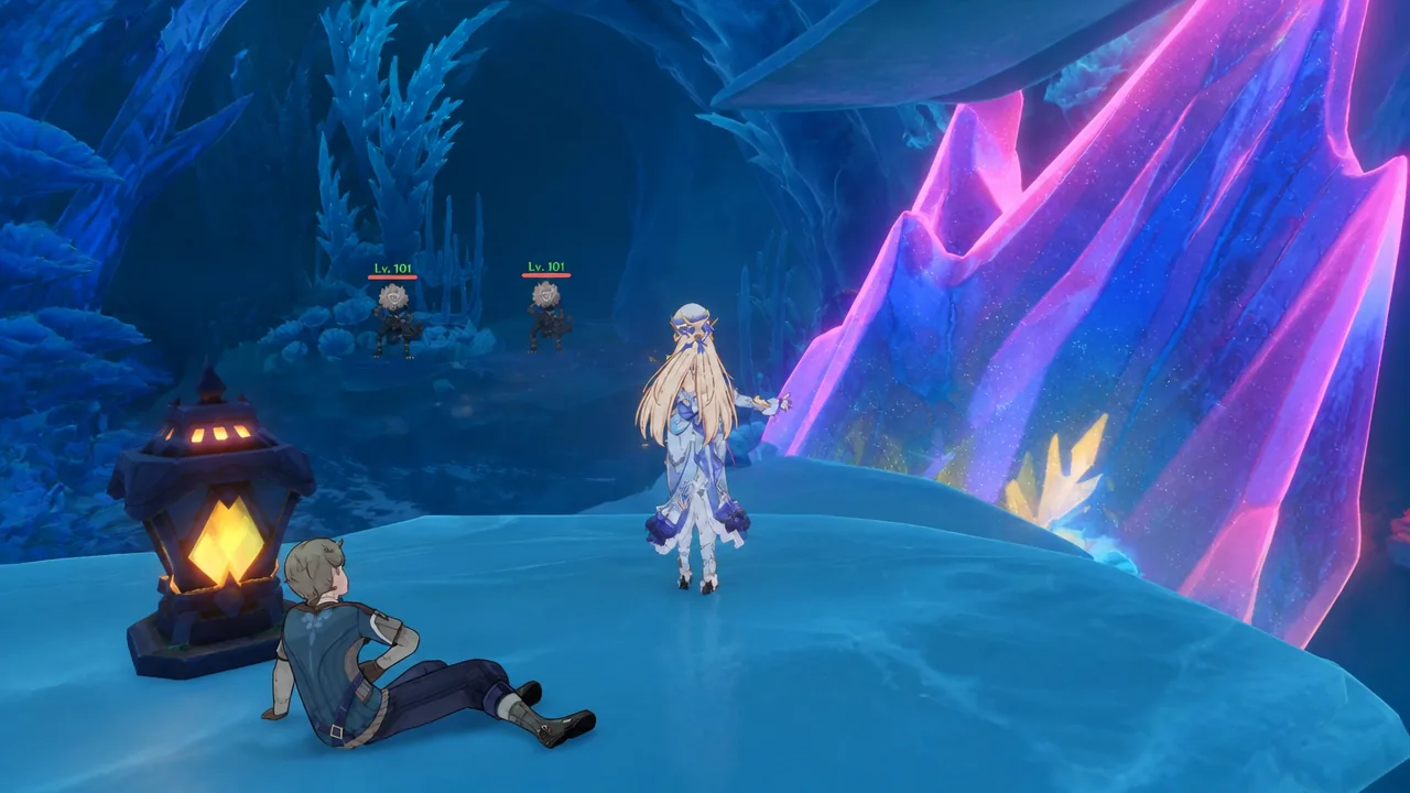 Player on the glacier facing enemies near a glowing crystalline formation