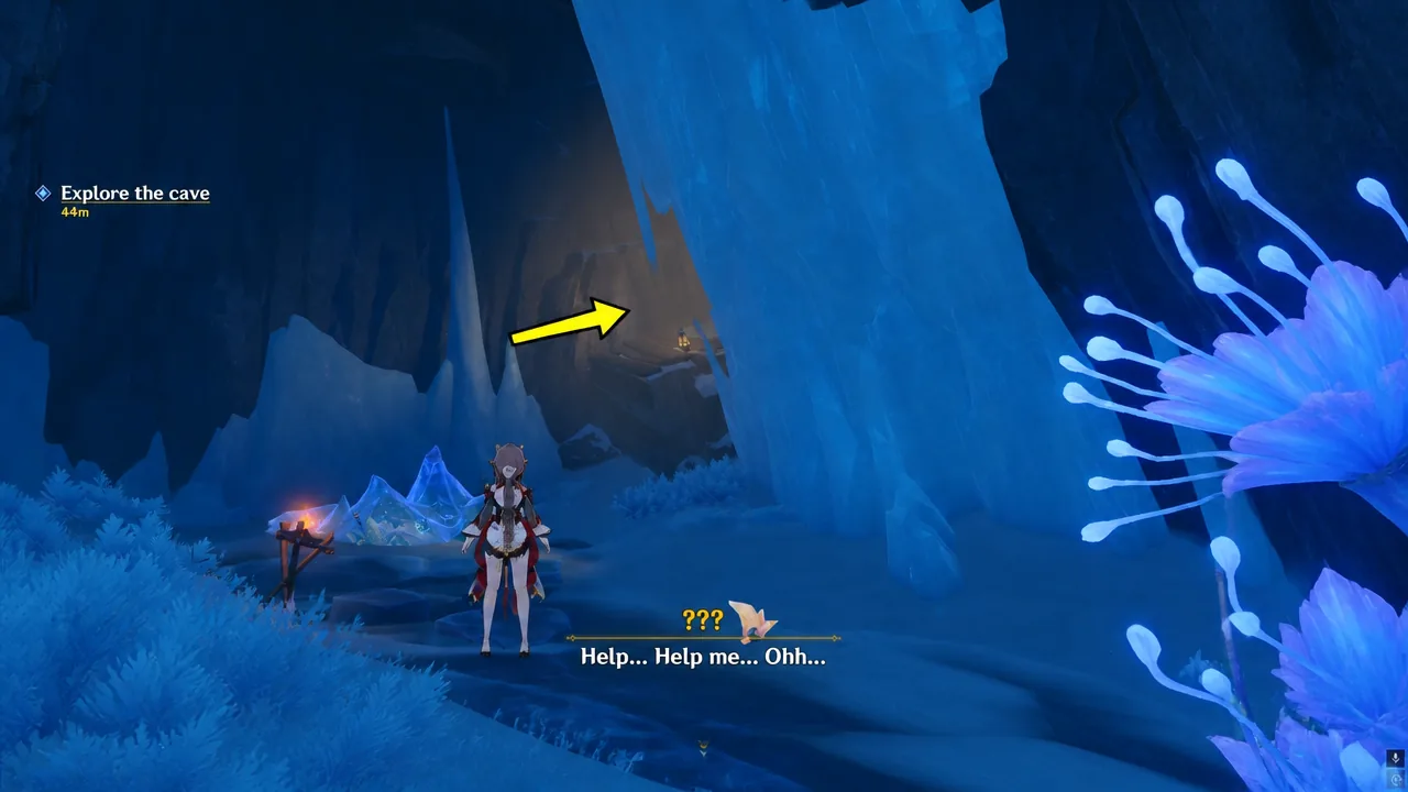 Explore the cave objective with a yellow arrow marking the passage ahead