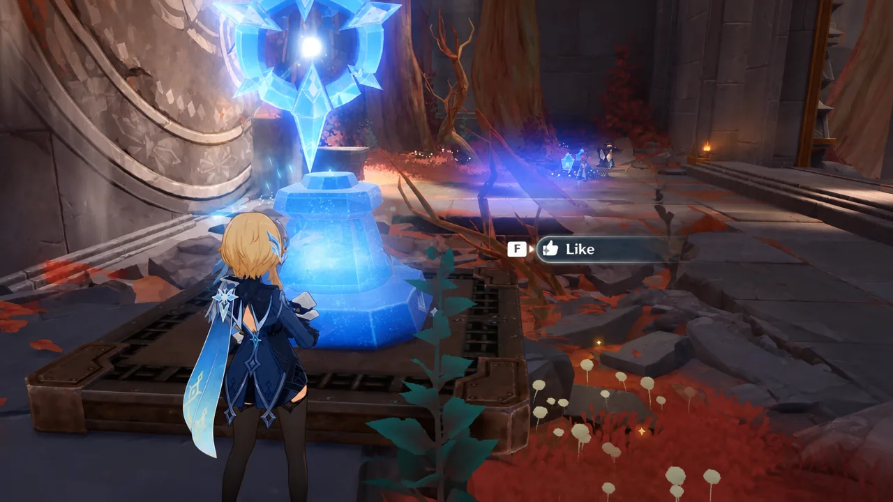 Player interacting with a glowing blue device inside the room