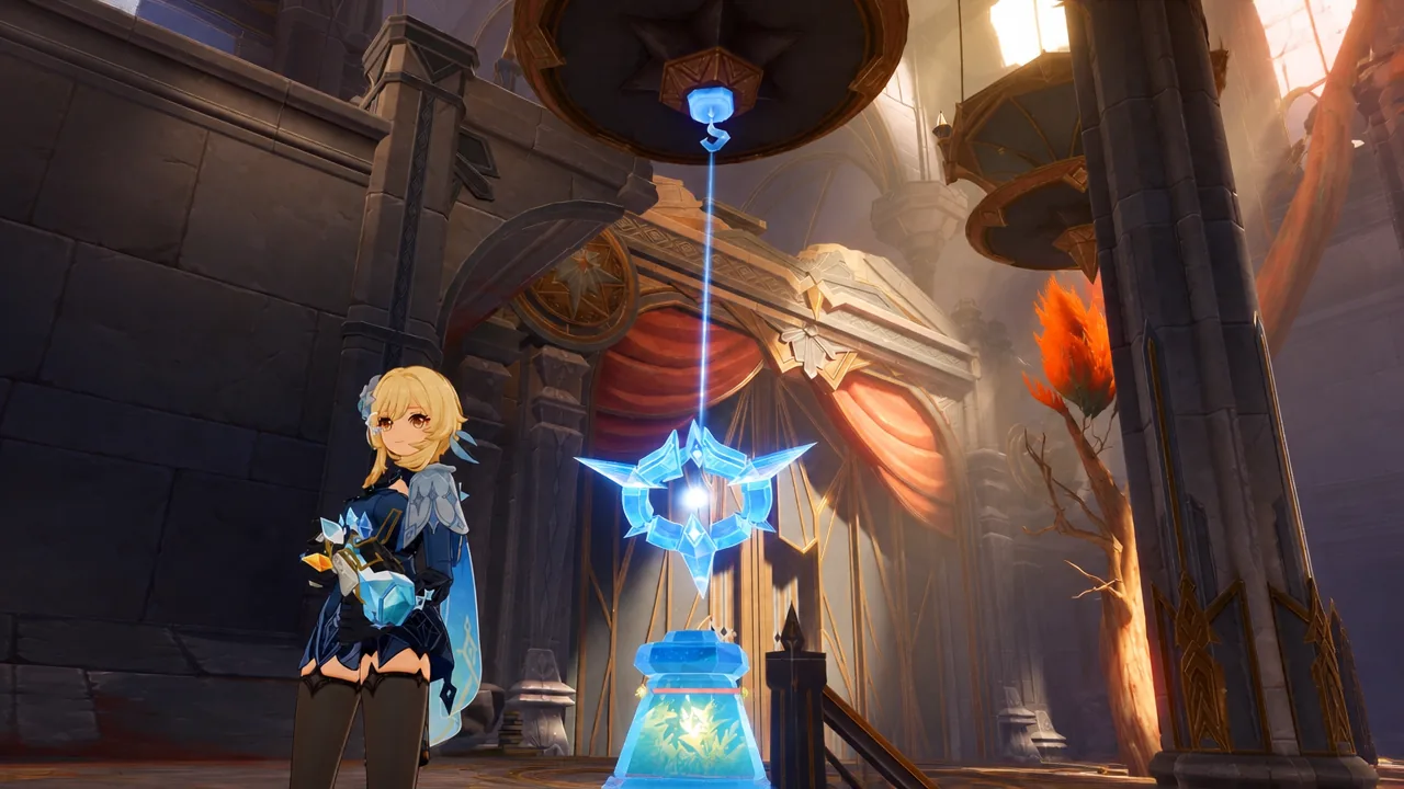 Character using a glowing blue Grappling Gun beam inside the cathedral-like hall